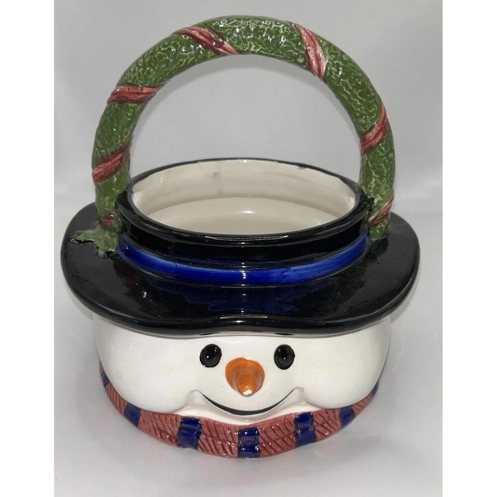 Ceramic Snowman Basket Large Home Trends 1990s Planter Candy Bowl Flower Vase
